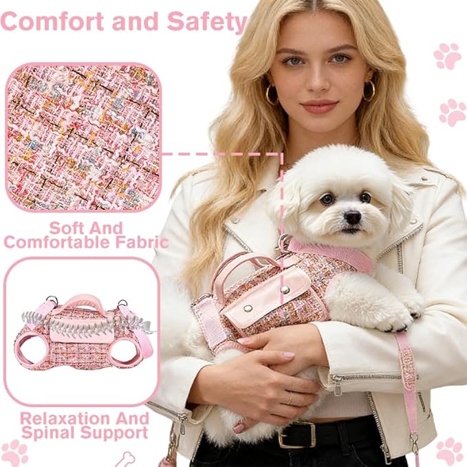Dog Lift Harness Backpack for Small Dogs Cats, Adjustable Straps Dog Sling Carrier Full Body for Hiking, Travel, Outdoor – Pink Large
