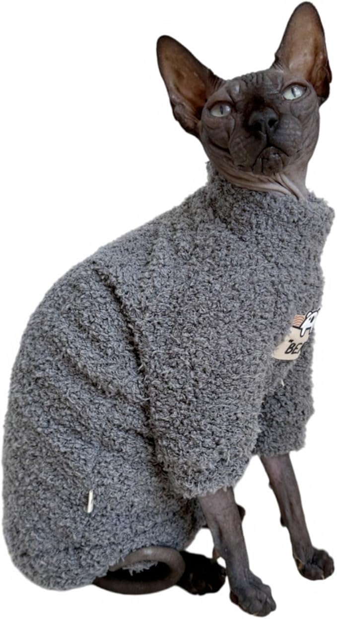Sphynx Cat Clothes Hairless Cat Super Soft Warm Fleece T Shirt Elastic Winter Sweater Outfit, Pet Clothes for Sphynx Cat Coat for Cats and Small Dogs Apparel (Grey, Medium)