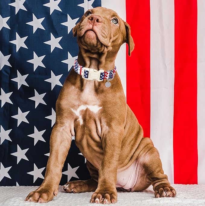 DOGWONG Cotton Dog Collar, Patriotic Dog Collar Durable Soft Natural Fabric Pet Dog Collars Cute Patriotic Puppy Necklace for Small Medium Large Dog