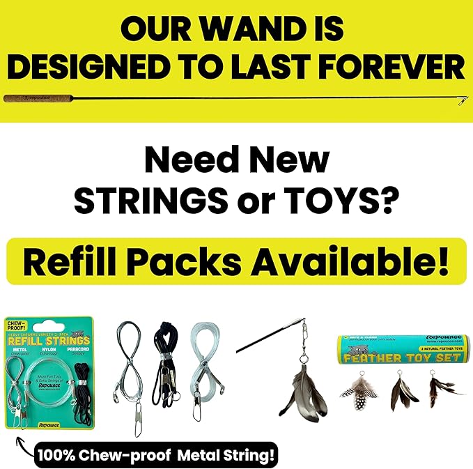 Forever Stick with Chew-Proof Metal Wire String and Transparent Fishing Line String - The Unbreakable Cat Wand Toy, Extra Long Durable Cat String Toy for Indoor Cats, Cat Fishing Pole Toy