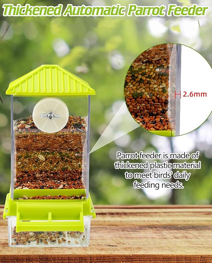 BNOSDM No Mess Automatic Bird Feeder 2 Pcs Anti-Splash Bird Feeder Acrylic Transparent Food Container Parrot Cage Accessories for Parakeets Budgies Lovebirds Cockatoos Conures Finches (Green)