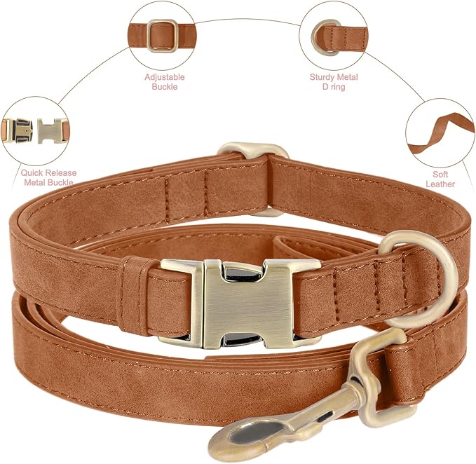 Genuine Leather Dog Collar - Adjustable Pet Collar with Quick Release Metal Buckle, Soft Skin Friendly Real Leather Collar for Small, Medium, Large Dogs (Khaki, S：Fit 8-16" Neck)