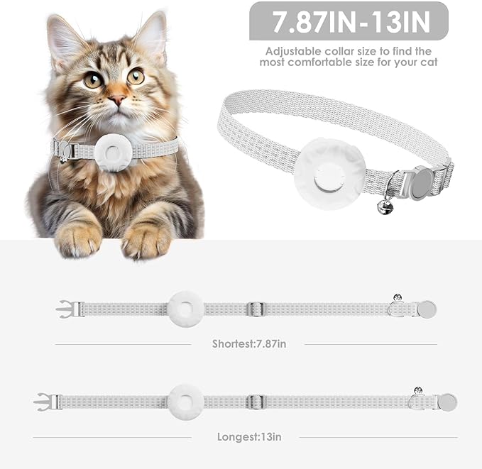 GPS Tracker for Cats, Cat Tracker, Compatible with Apple Find My App (Only iOS), No Monthly Fee, Waterproof, Breakaway Collar Included(White Tracker, White Cat Collar)