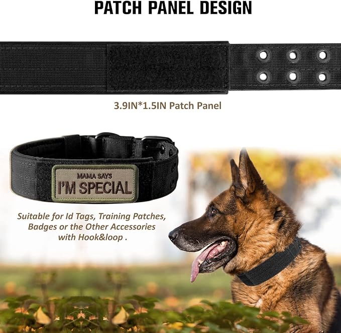 Tactical Dog Collar Military Adjustable Dog Collars Soft Nylon Training Collar with Patch Heavy Duty Metal Buckle Collars for Medium Large Dogs (Black-1, M)