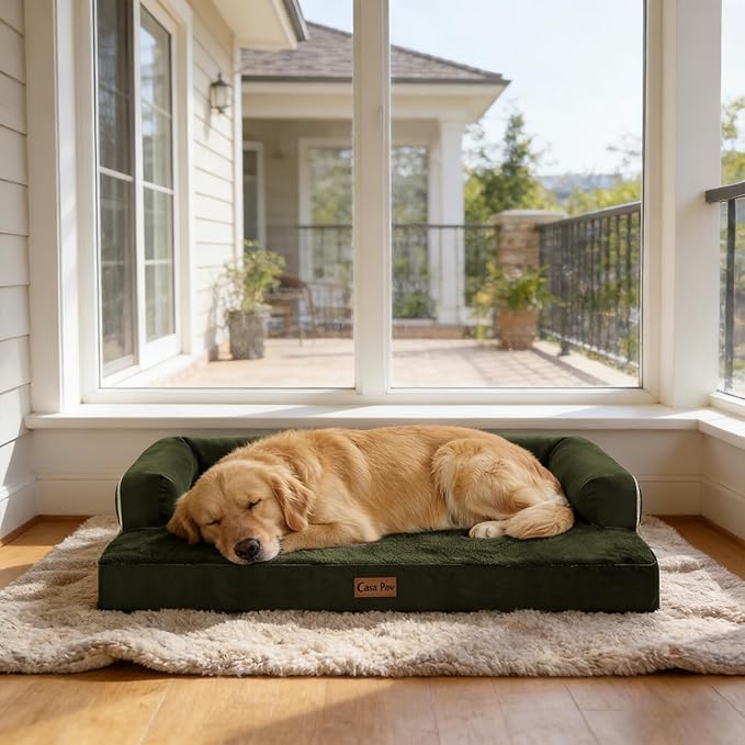 Orthopedic Dog Beds for Large Sized Dogs, Waterproof Egg Crate Foam Large Dog Couch Beds with Comfy Bolster 36x27Inch, Washable Pet Beds with Removable Cover and Nonskid Bottom, Olive Green