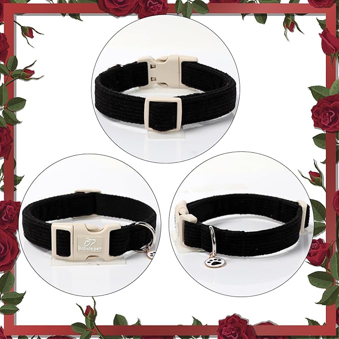 Cute Corduroy Dog Collar - Black Adjustable Dog Collars for X-Large Dogs 80+lbs, Fade-Proof with Secure Snap & Little Charm, Christmas Birthday Gift, XL