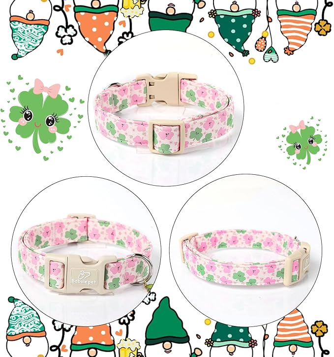 St Patricks Day Dog Collar for Small Dogs - Cute Light Pink Shamrock Girl Dog Collars, Adjustable Irish Clover Puppy Collar with Quick Release Buckle S