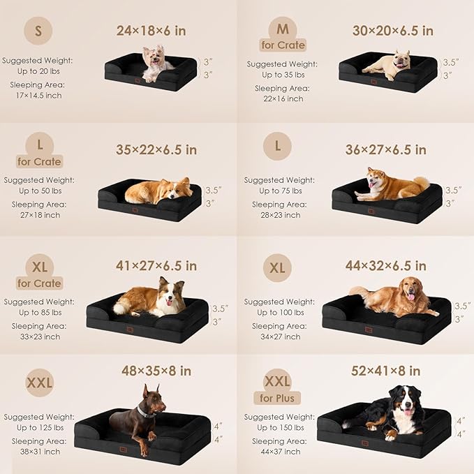 EHEYCIGA Orthopedic Dog Beds for Large Dogs, Waterproof Memory Foam Large Pet Bed with Sides, Non-Slip Bottom and Egg-Crate Foam Dog Couch Bed with Washable Removable Cover, Black