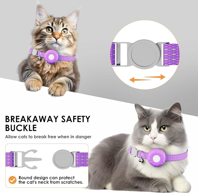 Cat Tracker, GPS Tracker Collar with Safety Elastic Buckle, Tractive GPS Cat Tracker Compatible with Apple Find My App (Only iOS), No Monthly Fee, Purple