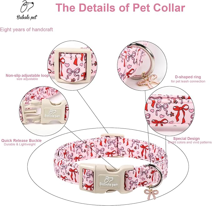 Girl Dog Collar for Small Dogs - Cute Heart Bow Print Girly Dog Collars, Soft Adjustable Spring/Summer Holiday Female Dogs Collar with Quick-Release Buckle XS