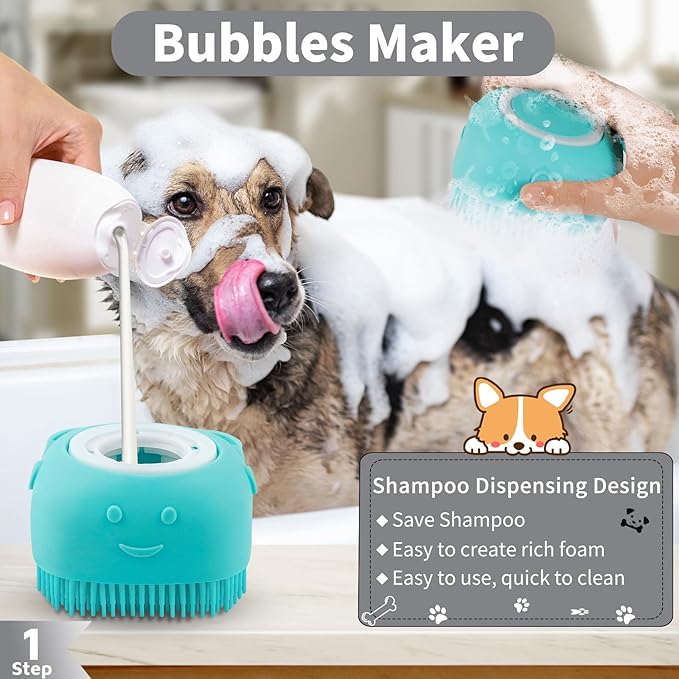 Comotech 6PCS Dog Bath Brush & Dog Toothbrush | Adjustable Handle Shampoo Brush & Scrubber for Short & Long Haired Dogs & Cats | Effectively Solve Odor & Stain Removal Problems (Black Gray Blue)