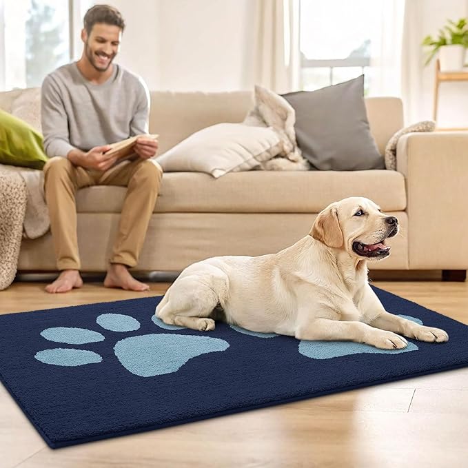 Buganda Dog Door Mat for Muddy Paws, Absorbent Dirt Trapper Washable Indoor Doormats, Non Slip Low-Profile Mud Mat for Dogs, Front Entrance Doormat for Inside Floor (47x24 Inches, Dark Blue)