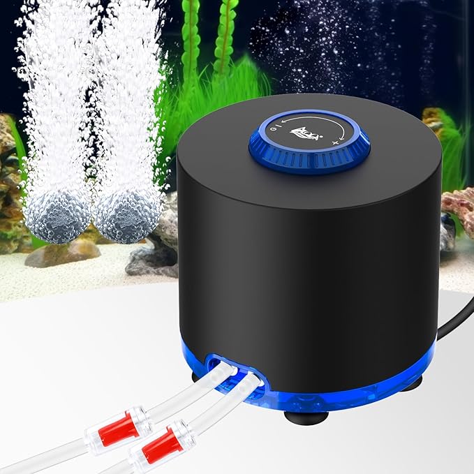 AQQA Aquarium Air Pump, Quiet Powerful Fish Tank Air Pump 3W/6W/10W with Stainless Steel Dual Outlet, Adjustable Oxygen Aerator Pump with Air Stone Bubbler for Fish Tank Up to 200 Gallon 6W (Tubby)