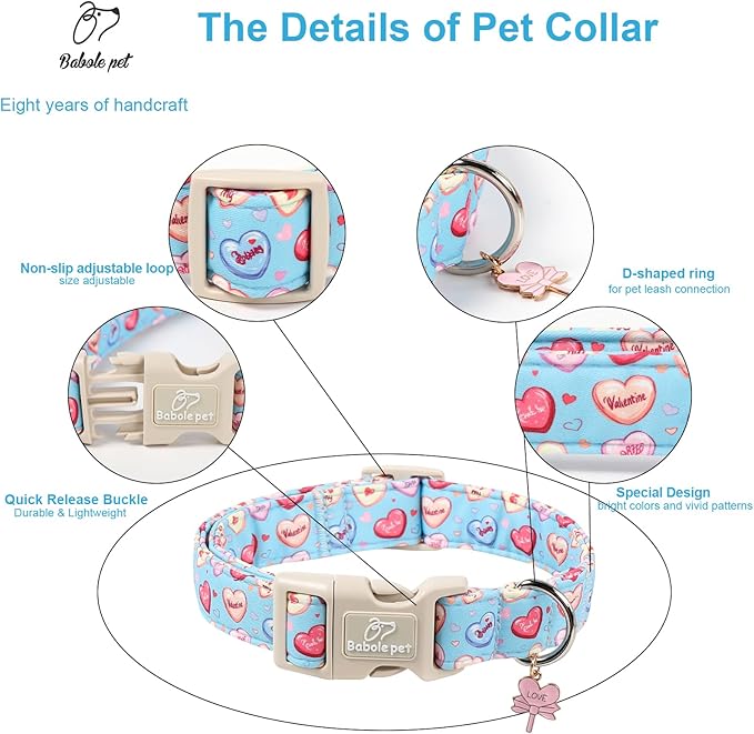 Valentines Dog Collar for Large Dogs - Valentine Candy Hearts Dog Collars, Love Boy Girl Dogs Collars, Lightweight Adjustable Cute Blue Puppy Collar with Quick-Release Buckle XL