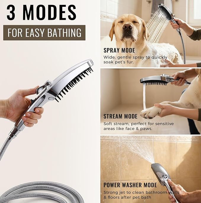 G-Promise 3 Mode Dog Shower Attachment with Pause Mode, Dog shower Sprayer with 118 Inches Stainless Steel Hose, Metal Diverter, Adhesive Holder, for Fast and Easy Dog Bathing and Cleaning(Chrome)