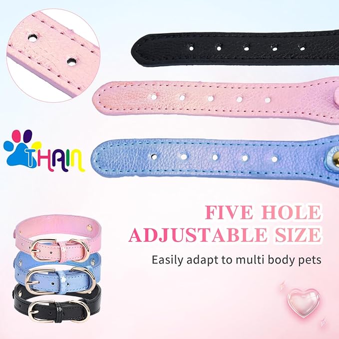 THAIN Fashion Dog Collar with Bling Diamonds & Heart Charm – 5 Holes Adjustable PU Leather Rhinestones Necklace Collar, Gold Buckle for Small Dogs Girl boy (Blue, XS)