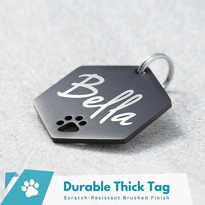 Ultra Joys Dog Tags Personalized for Pets - Hollow Paw Custom Pet ID Tag - Engraved Dog Tag for Small, Large Dogs - Small Hexagon in Black