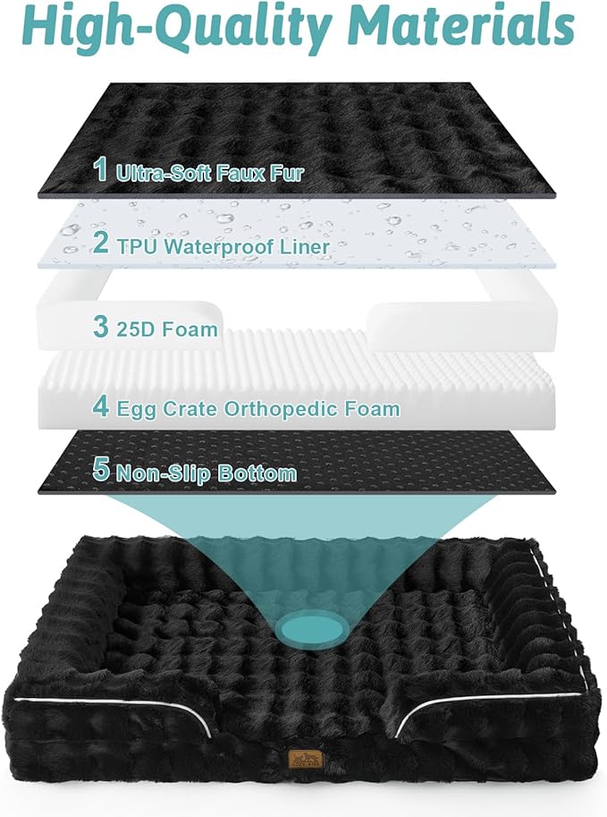 Orthopedic Dog Bed for Extra Large Dog, Soft and Warm Faux Fur Sofa for Giant Pet Up to 150 lbs, Foam Bolster Anti-Slip Couch with Washable Removable Cover, XXL 48x35x8 inch, Black