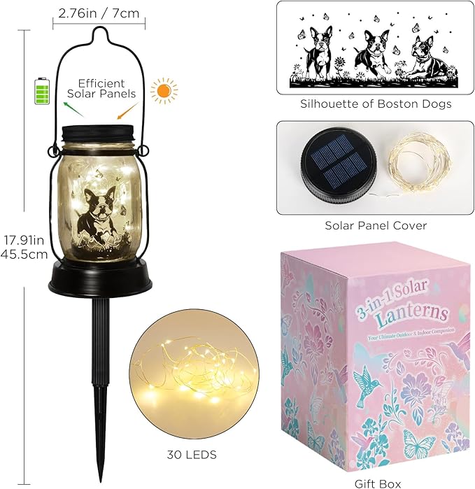 Boston Terrier Gifts for Women/Men Boston Terrier Solar Lanterns Mom Birthday Dog Lovers Lantern Pet loss Dog Memorial Lights Solar Garden Decoration for Yard, Patio,Backyard,Porch Torches Light