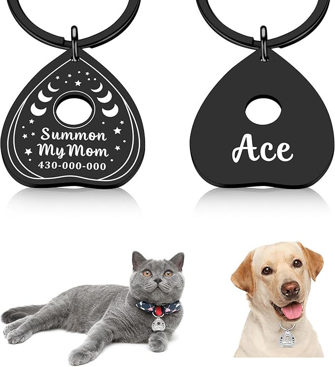 Cat Collar Tags Personalized - Goth Dog Tag Spooky Halloween Style, Summon My Mom Dad, Witch Friendly, Customizable Pet Name ID Tags Engraved on Both Sides, Dog Cat Accessories