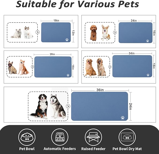 Dog Food Mat - Absorbent Cat Mat for Food and Water, No Stains Pet Feeding Bowl Mat, Easy to Clean Pet Placemats, Quick Dry Dog Water Dispenser Mat for Messy Drinkers | Paw Blue 16"x 24"