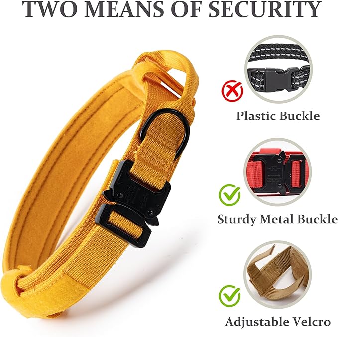 Tactical Dog Collar, Adjustable Military Training Nylon Dog Collar with Control Handle and Heavy Quick-Release Metal Buckle for Small Medium Large Dogs, Yellow L