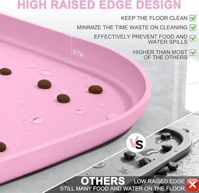 Silicone Pet Food Mat with Raised Edge for Food and Water Bowl, Dog Feeding Mats, Cat Food Trays for Floor Waterproof, Rubber Tray for Dogs and Cats, 19 x 12 x 0.7 Pink