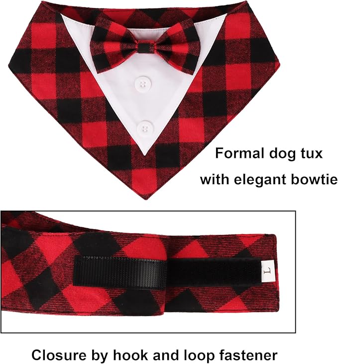 ADOGGYGO Christmas Dog Tuxedo Bandana, Red Plaid Xmas Pet Bowtie Collar, Adjustable Christmas Costumes for Small Dogs (S)