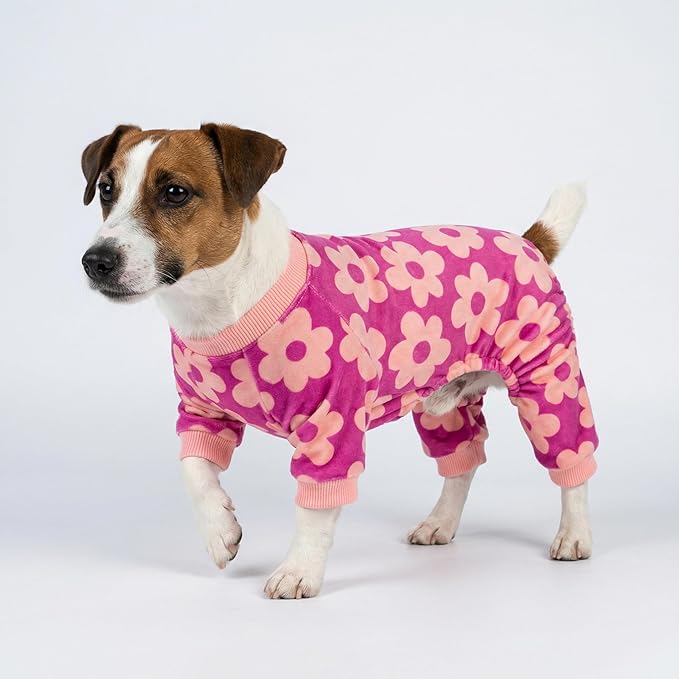Fitwarm Flower Fleece Dog Pajamas, Warm Winter Dog Clothes for Small Dogs Girl, Cozy Pet Onesie with Feet, Pink, XL