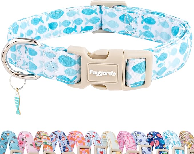 Faygarsle Fish Pattern Dog Collar, Adjustable with Buckle, Blue and White, Summer Design for Small Medium Large Dogs M