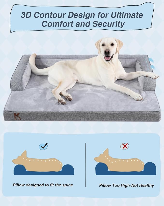 KSIIA Washable Dog Bed XL Senior Dog, Orthopedic Warm Soft Pet Sofa Waterproof Pet Couch with Sides, Non-Slip and Egg-Crate Foam Extra Large Beds with Removable Cover, 41x27Inch, Grey