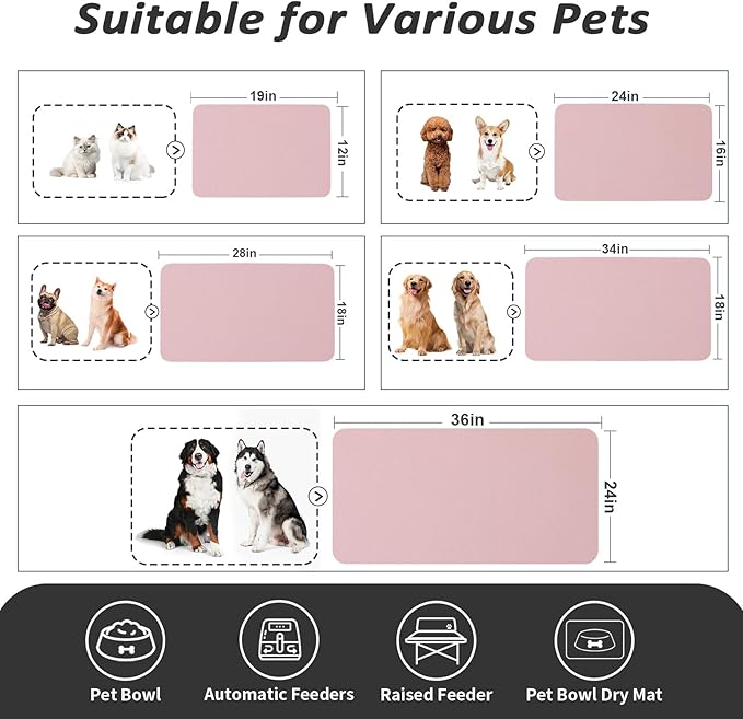 Dog Food Mat - Absorbent Cat Mat for Food and Water, No Stains Pet Feeding Bowl Mat, Easy to Clean Pet Placemats, Quick Dry Dog Water Dispenser Mat for Messy Drinkers | Pink 18"x34"