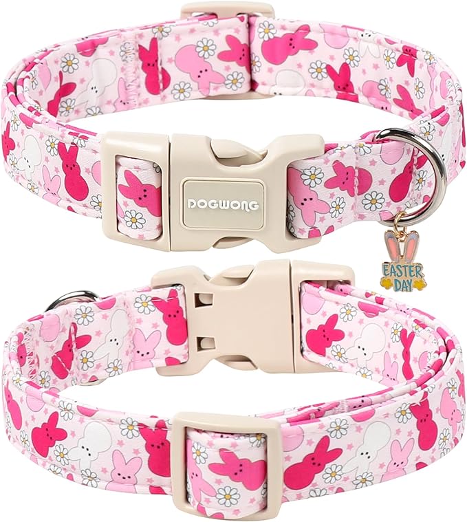 DOGWONG Easter Dog Collar, Cute Easter Pink Bunny Pet Collar Durable Holiday Girl Boy Adjustable Cotton Dog Collars for Medium Large Dogs,L Visit The Elegant Little Tail Store