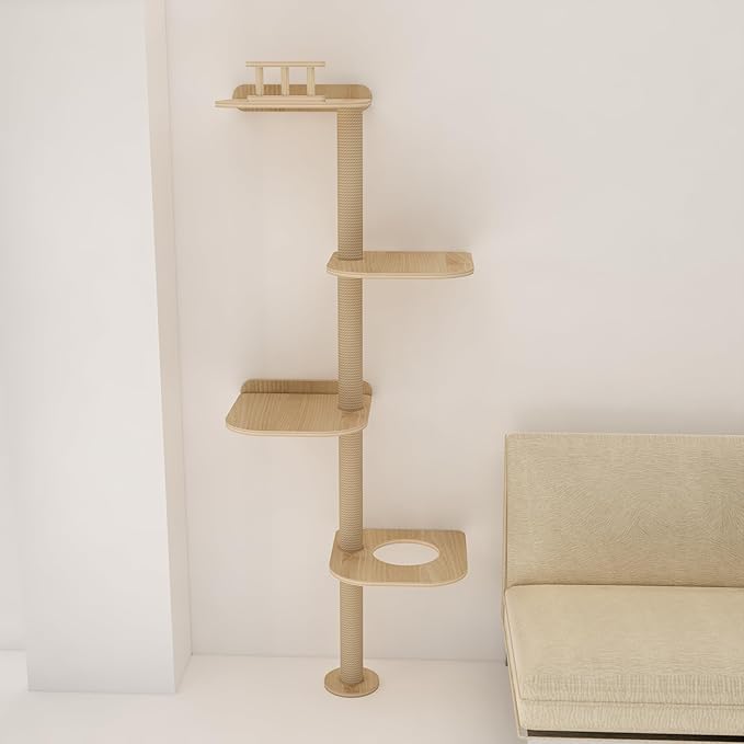 Wall-Mounted Tall Cat Tree Cat Scratching Post, Space Saving Floor to Ceiling Cat Tower, Natural Wood Wall Shelves, Corner cat Jumping Platform cat Bed,Suitable for Large Cats-63