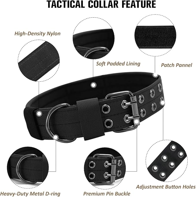 Tactical Dog Collar Military Adjustable Dog Collars Soft Nylon Training Collar with Patch Heavy Duty Metal Buckle Collars for Medium Large Dogs (Black-1, M)