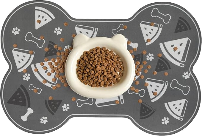 Dog Food Mat, 0.15” Thickened Super Absorbent Pet Feeding Mat for Food and Water, Fruit Donut Pattern Cat Placemat, Quick Dry Non-Slip Dog Bowl Mat, Water Splash Proof（Small Watermelon Grey）