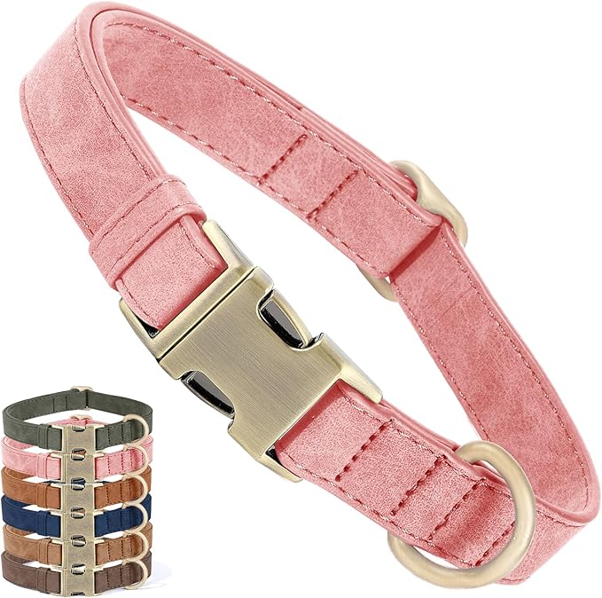 Genuine Leather Dog Collar - Adjustable Pet Collar with Quick Release Metal Buckle, Soft Skin Friendly Real Leather Collar for Small, Medium, Large Dogs (Pink, L：Fit 15-23" Neck)