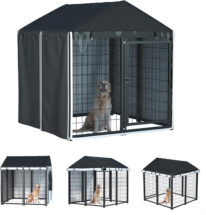 Outdoor Dog Kennel Cover,Full Coverage for 4.2'Dx4.2'Wx4.5'H Dog Cages,600d Heavy Duty Waterproof Large Dog Kennel Cover,(Cover Only) Black