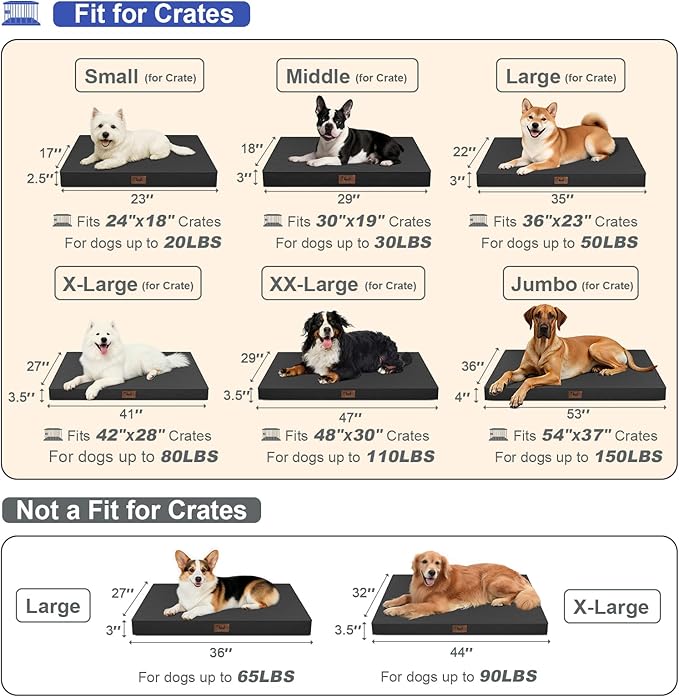 Outdoor Dog Bed for Medium Dogs, Waterproof Dog Crate Mat Orthopedic Egg Crate Foam Pet Bed with Washable Removable Oxford Cover, Black