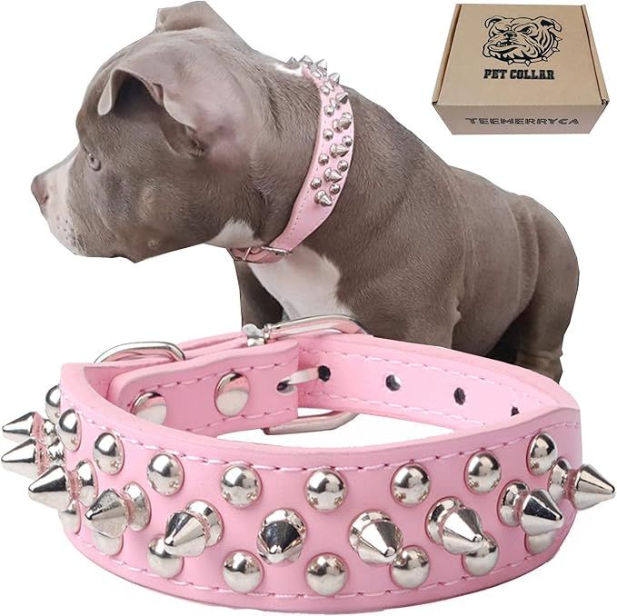 TEEMERRYCA Adjustable Leather Spiked Studded Dog Collars with a Squeak Ball Gift for Small Medium Large Pets Like Cats/Pit Bull/Bulldog/Pugs/Husky, Pink, XXL 19.7-22.4 inches