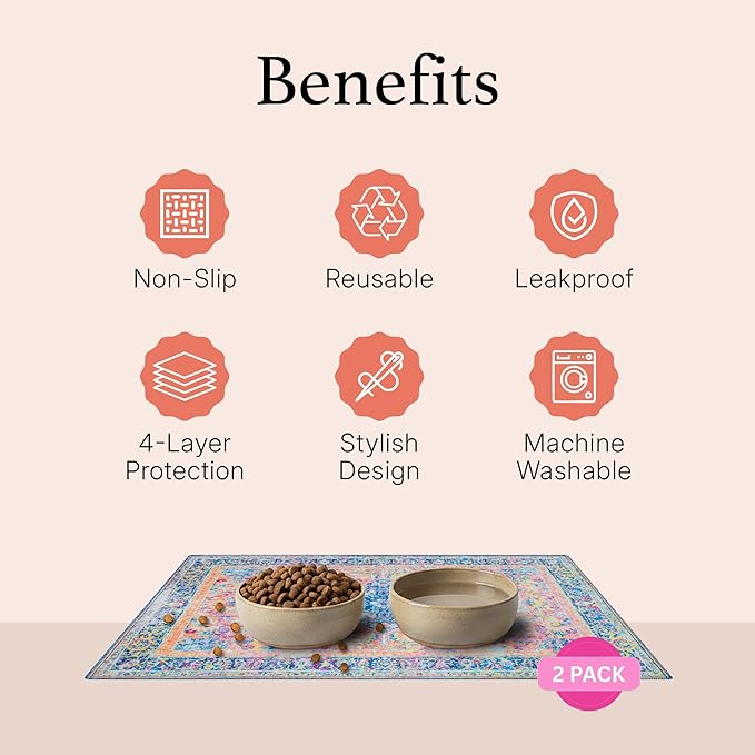 LOVEWAG Waterproof 2-Pack Pet Feeding Mats - 16" x 24" Premium Cat & Dog Food Mat - Non-Slip, Machine Washable Food Mat Protects Floors & Contains Water Bowl Spills - Pet Place Mats (Caramel Crème)