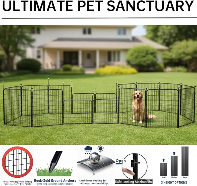 Dog Playpen Indoor/Outdoor,32'' Portable Dog Crates with Easy-Carry Straps,6 Panels Dog Pen Play Pen for Small/Medium Dogs,Rustproof Metal Pet Playpen for Camping RV Yard (with One Door)