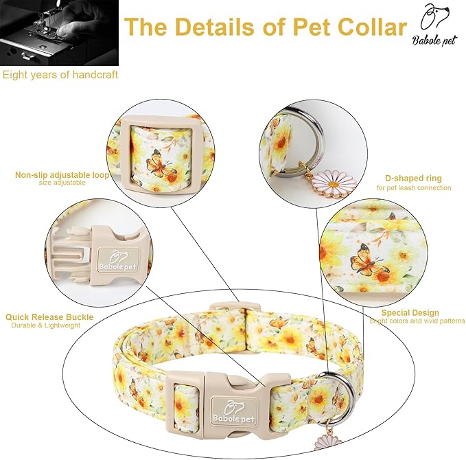 Sunflower Dog Collar, Adjustable Cute Dog Collars for Large Dogs, Lightweight Summer Fall Pet Collar with Quick-Release Buckle for Boy&Girl Dogs L