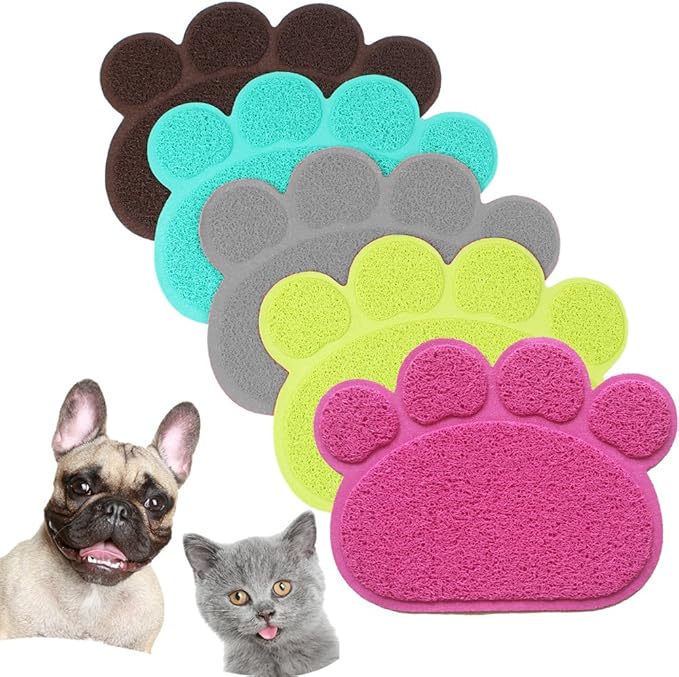 PVC Pet Dog Cat Puppy Kitten Dish Bowl Food Water Feeding Placemat, Non-Slip Cat Litter Mat Paw Shape, Grey Small