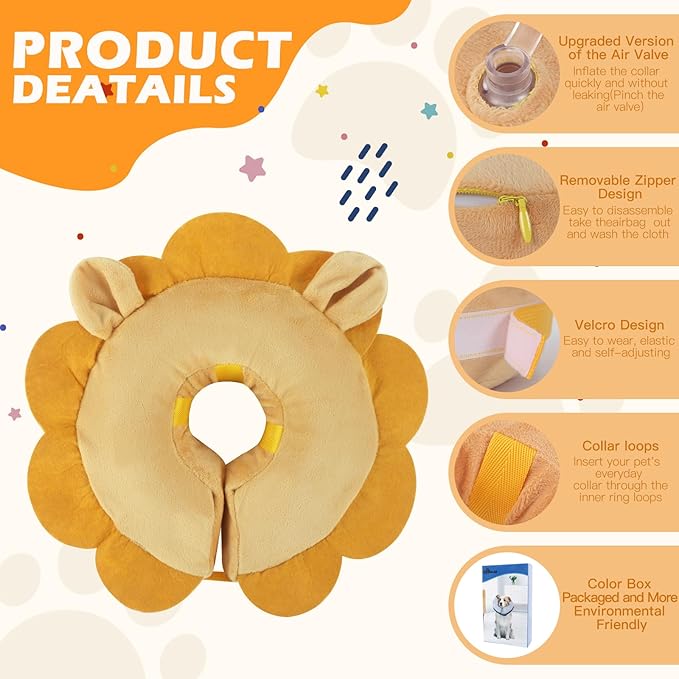 IEUUMLER Inflatable Recovery Dog Collar, Protective Donut Cone, Adjustable Soft Collar for Dog and Cat After Surgery Prevent from Biting & Scratching EU002 - Brown Lion L+