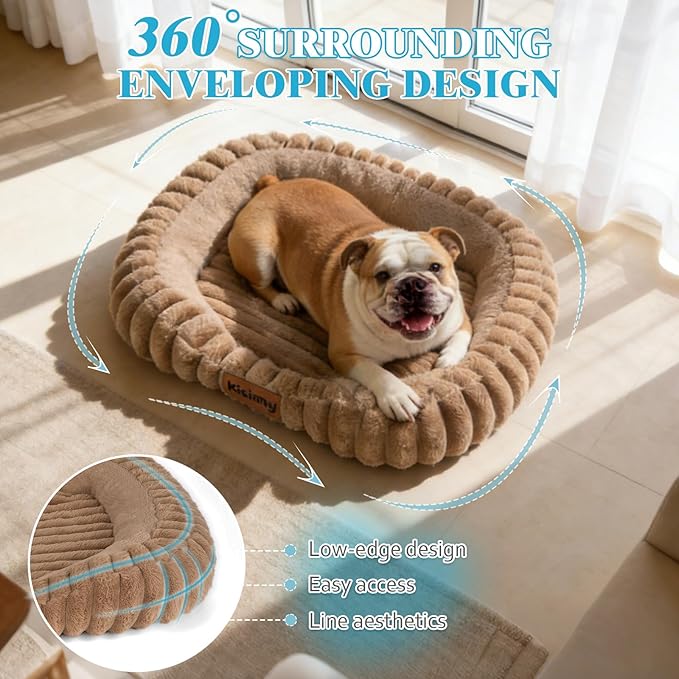 Orthopedic Dog Bed for Large Dogs, Comfort-Sided Calming Pet Bed with Breathable Memory Foam, Plush Faux Rabbit Fur & Non-Slip Bottom, Machine Washable with Carry Handle, 35"x27"x5.5", Brown