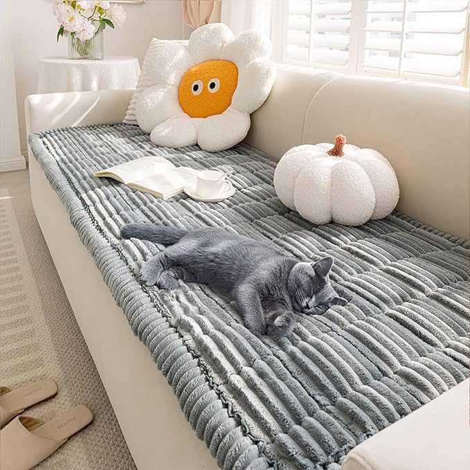 FUNNY FUZZY Pet Couch Covers for Sofa, Washable Dog Couch Cover Protector for Dogs, Flannel Couch Covers for Dogs Pet Friendly Pets Mat Bed Sofa Cover (Blue-Grey, 27.6"×70.9")