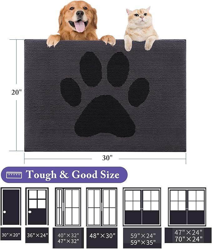Buganda Dog Door Mat for Muddy Paws, Absorbent Dirt Trapper Non Slip Indoor Doormats, Washable Low-Profile Mat for Mud Dogs, Entryway Carpet for Inside Floor (48x30 Inches, Black)