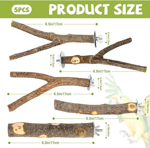 5PCS Natural Wood Bird Perch Set - Straight & Forked Branch Perches Cage Perches Accessories for Small Medium Birds, Parakeets, Budgies, Cockatiels, Conures