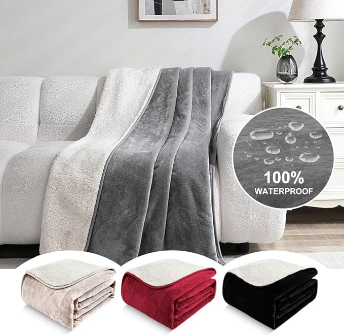 Waterproof Blanket for Pets – Ideal for Couch & Bed Splash Proof Sherpa Throw, Leakproof TPU Layer, Stain Resistant Washable Bed Protector – LightGray, 60"x40"